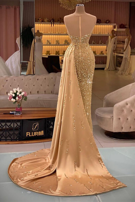 Stunning Gold Mermaid Evening Dress with Sweetheart Neckline and Rhinestone Ruffle