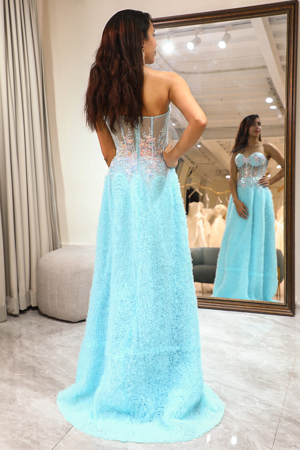 Light Blue Sheath Long Corset Prom Dress