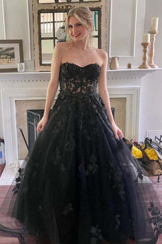 Black Corset A-Line Tulle Long Prom Dress with Lace