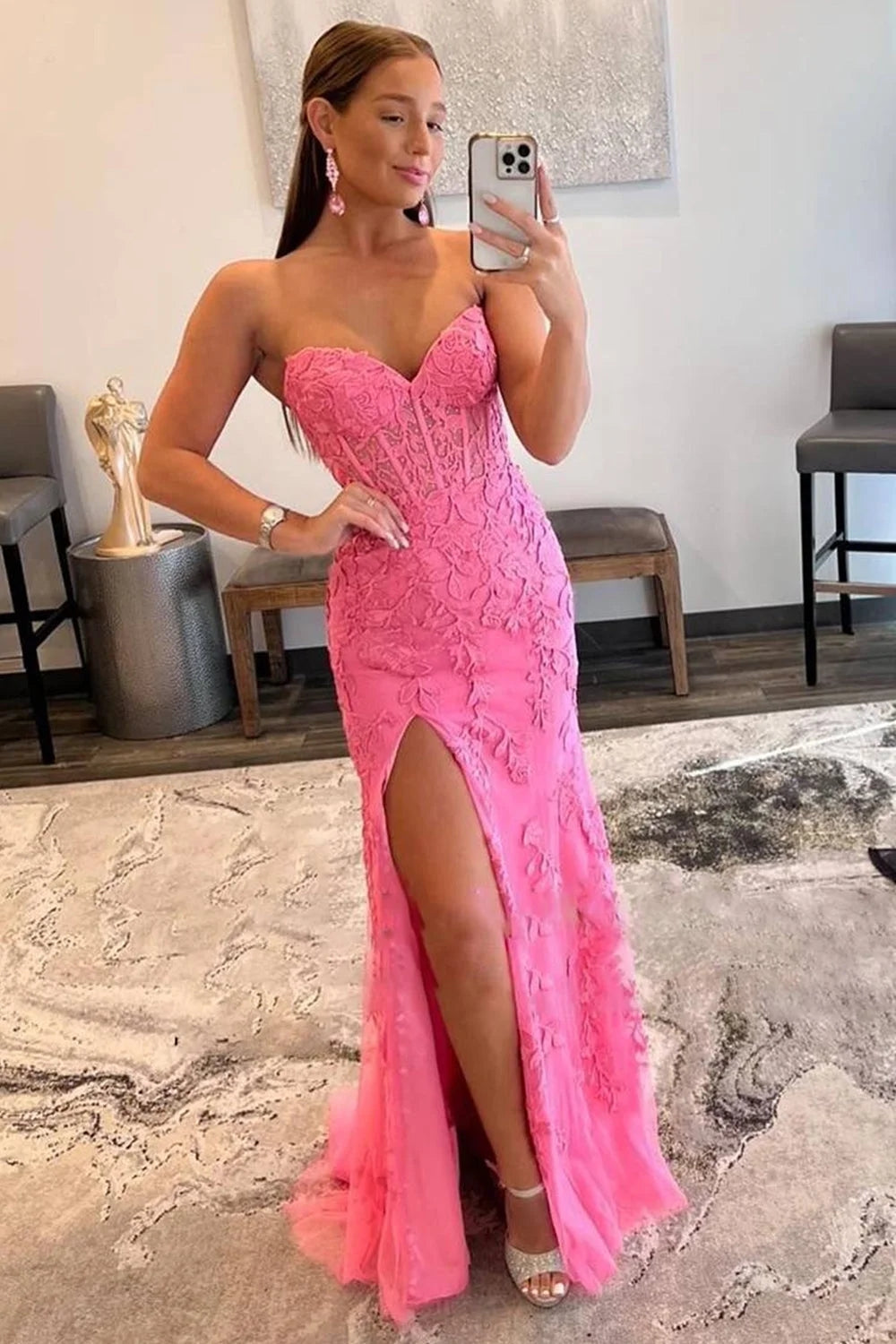 Pink Corset Sweetheart Long Lace Prom Dress with Slit