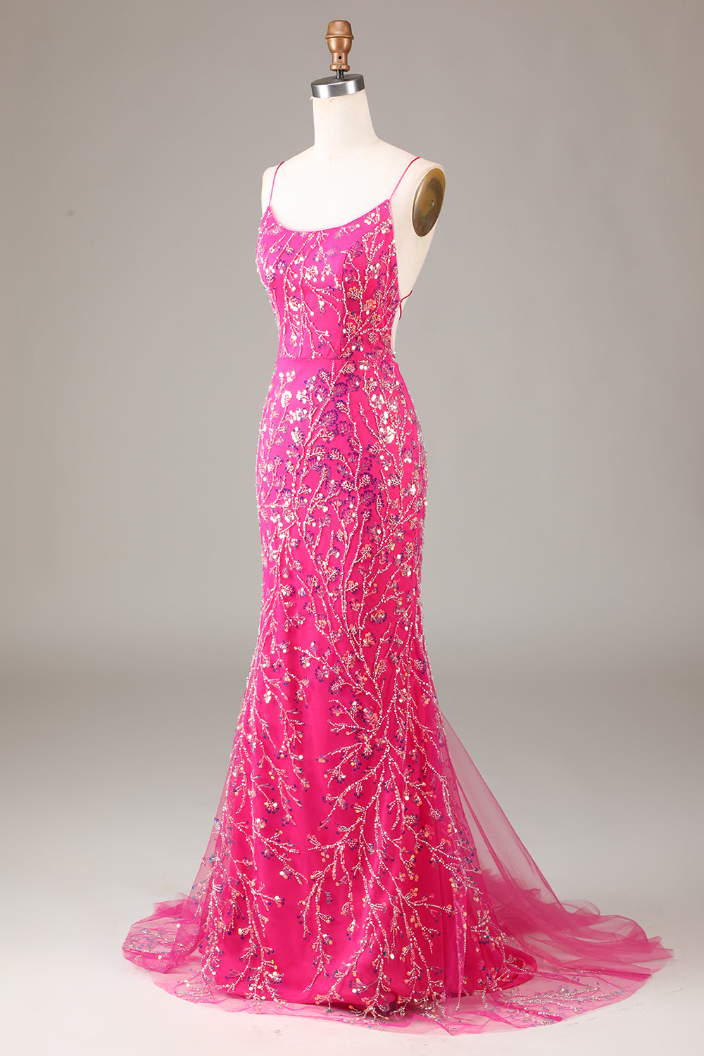 Sparkly  Fuchsia Beaded Long Prom Dress With Appliques