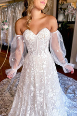 Ivory Sweetheart Corset Long Sleeves Lace Wedding Dress with Detachable Features