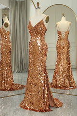 Glitter Golden Beaded Sequins Mermaid Long Prom Dress With Slit