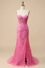 Pink Corset Sweetheart Long Lace Mermaid Prom Dress with Slit