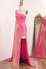 Fuchsia Mermaid One Shoulder Long Corset Prom Dress With Slit