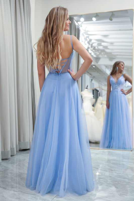 Light Blue A Line Long Corset Prom Dress