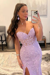 Pink Corset Sweetheart Long Lace Mermaid Prom Dress with Slit