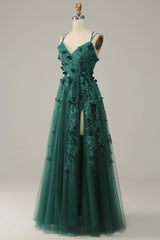 Dark Green A Line Tulle Prom Dress with Slit