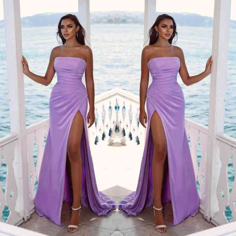 Charming Purple Long Evening Dress Prom Dress Strapless Sleeveless Slit Pleated