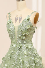 Green Tulle A Line Spaghetti Straps Long Prom Dress With Appliques