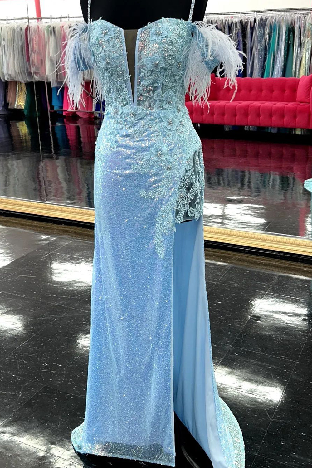 Lavender Appliques Mermaid Prom Dress with Feathers