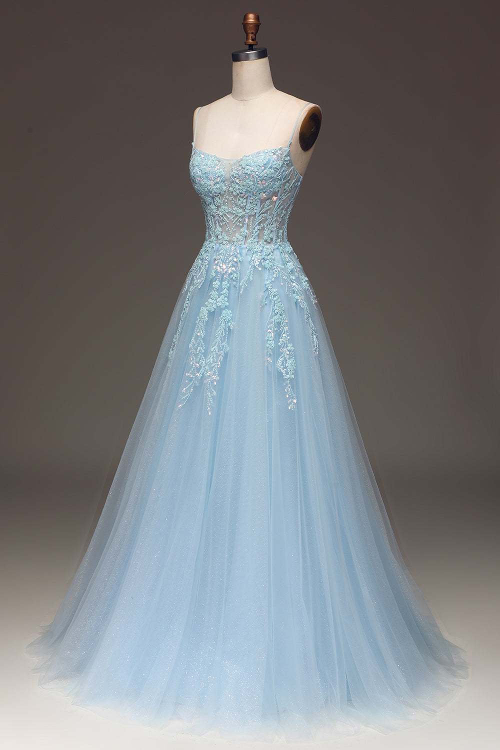 A Line Light Blue Long Prom Dress With Appliques