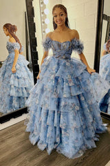 Blue Floral Tiered A-Line Long Prom Dress with Ruffles