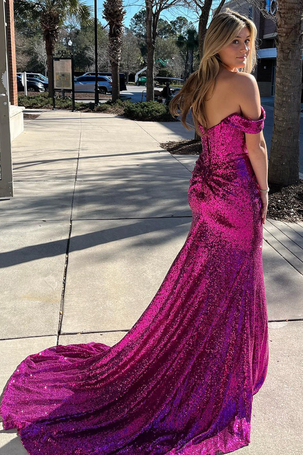 Sparkly Purple Off the Shoulder Mermaid Prom Dress with Slit