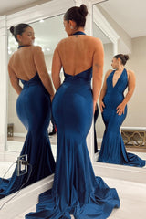 Dark Blue Mermaid Backless Long Prom Dress