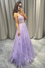 Elegant Purple A Line Tulle Long Prom Dress With Appliques