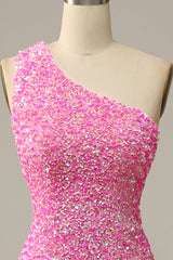 Fuchsia Sequined One Shoulder Mermaid Prom Dress With Slit