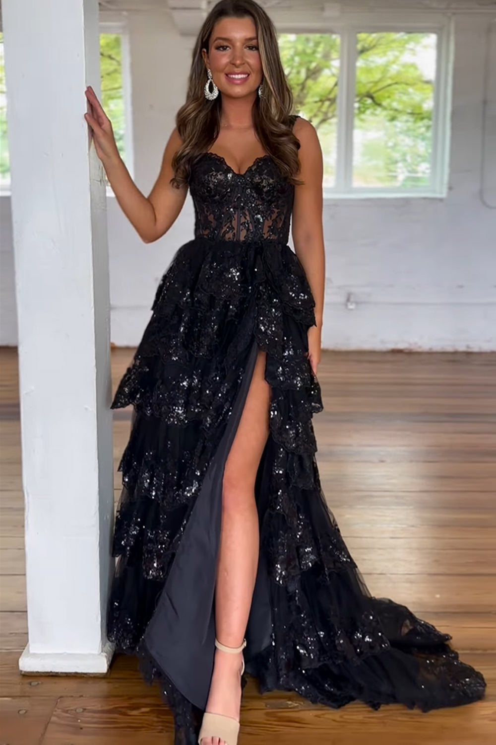 Sparkly Black Pink Tiered A-Line Long Prom Dress with Lace