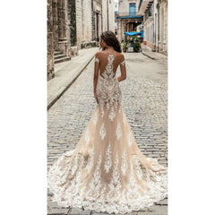 Champagne Beach Wedding Dress Mermaid Off the Shoulder Lace Bridal Dress