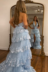 Sparkly Light Blue Halter Backless Lace Tiered Long Prom Dress with Slit