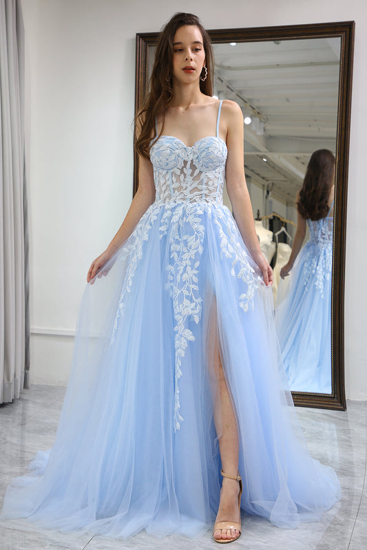 Sky Blue A Line Long Corset Appliqued Prom Dress With Slit