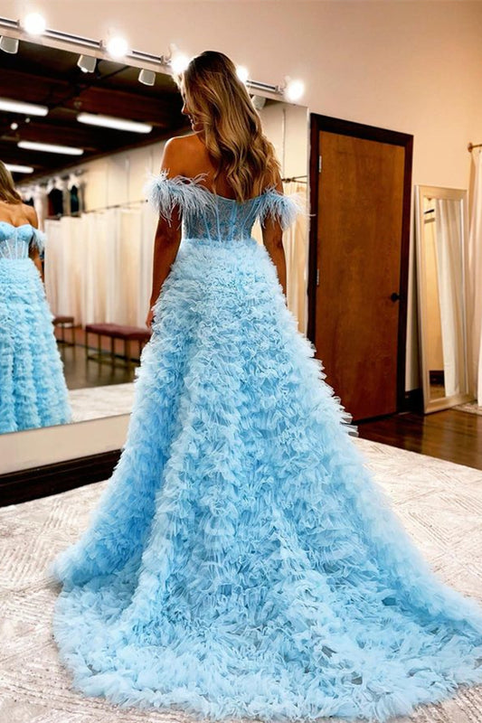 Light Blue V Neck Feather Ball Gown Evening Dress with Slit