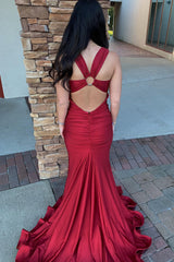 Red Mermaid V Neck Long Prom Dress With Slit