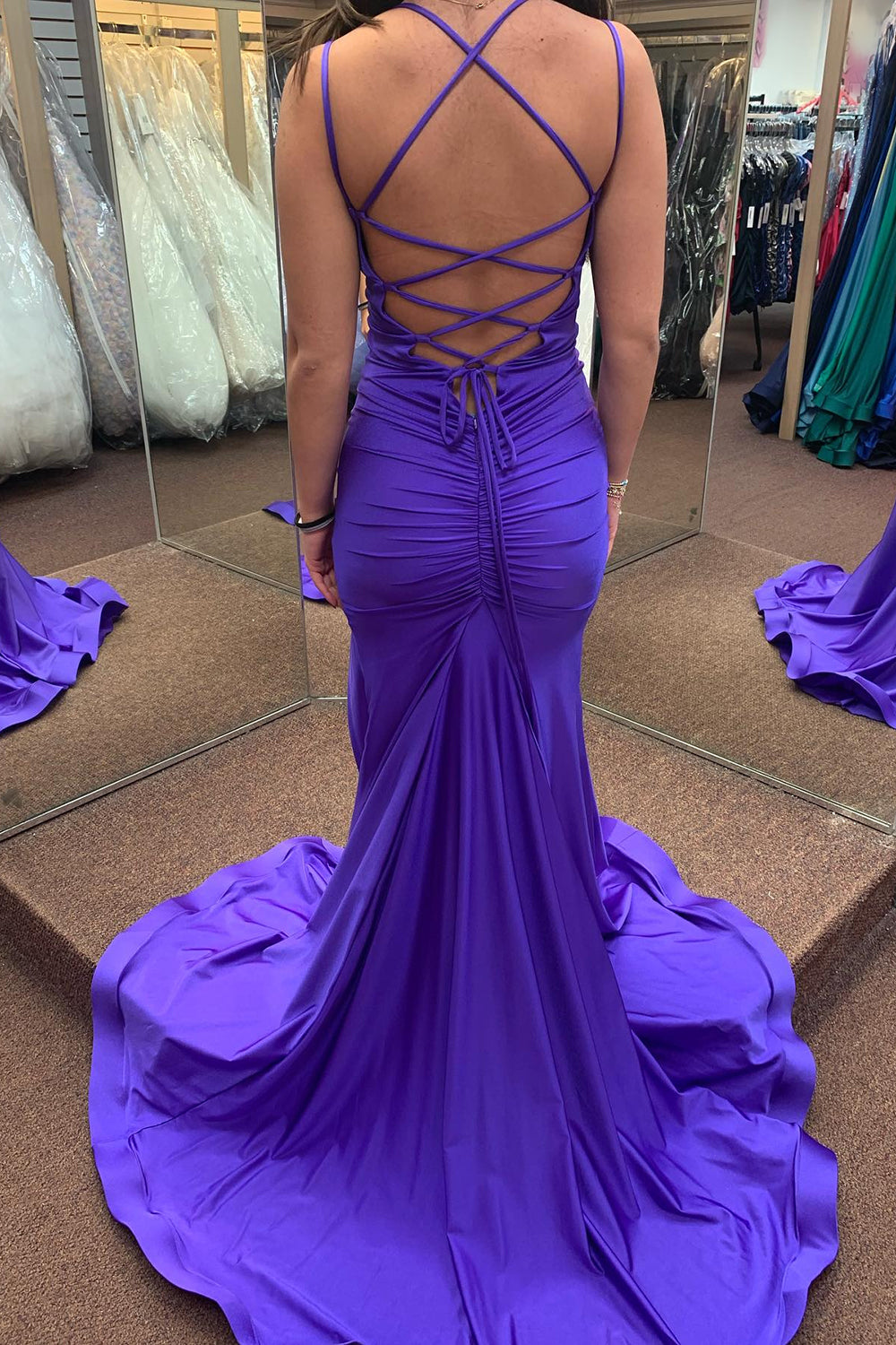 Purple Mermaid Spaghetti Straps Long Prom Dress With Slit