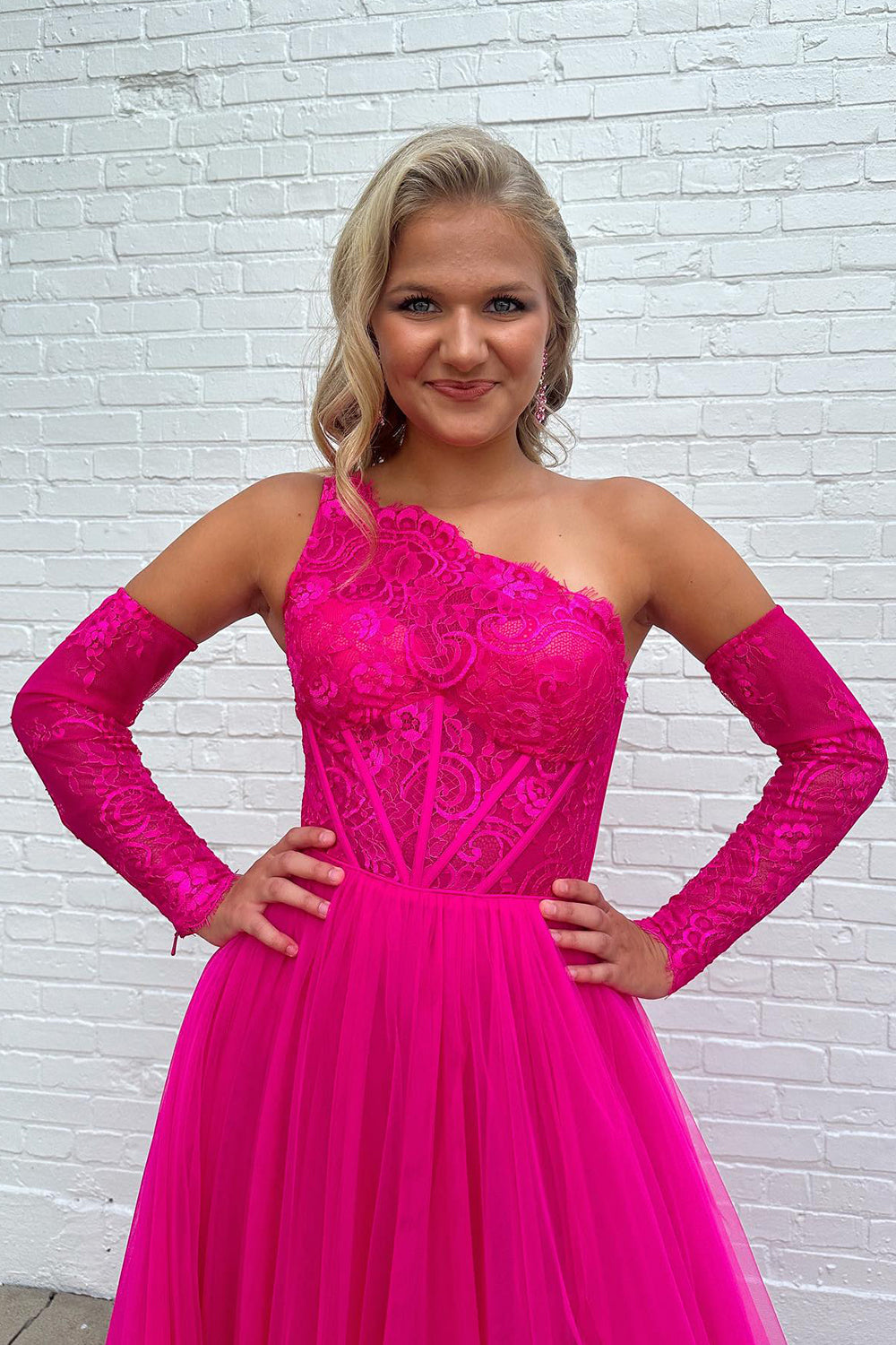 Hot Pink Detachable Long Sleeves A-Line Tulle Long Prom Dress with Lace