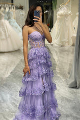 Glitter Purple Sweetheart Long Corset Tiered Prom Dress With Slit