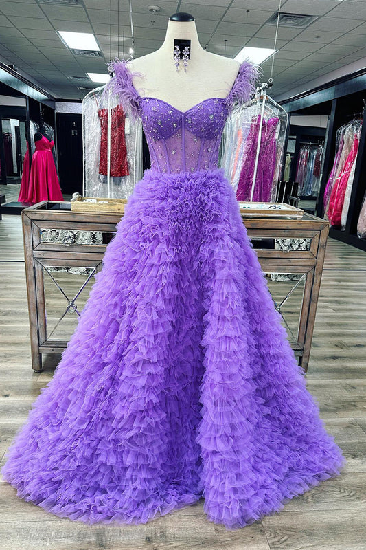 Purple Off the Shoulder Corset A-Line Prom Dress with Beadings