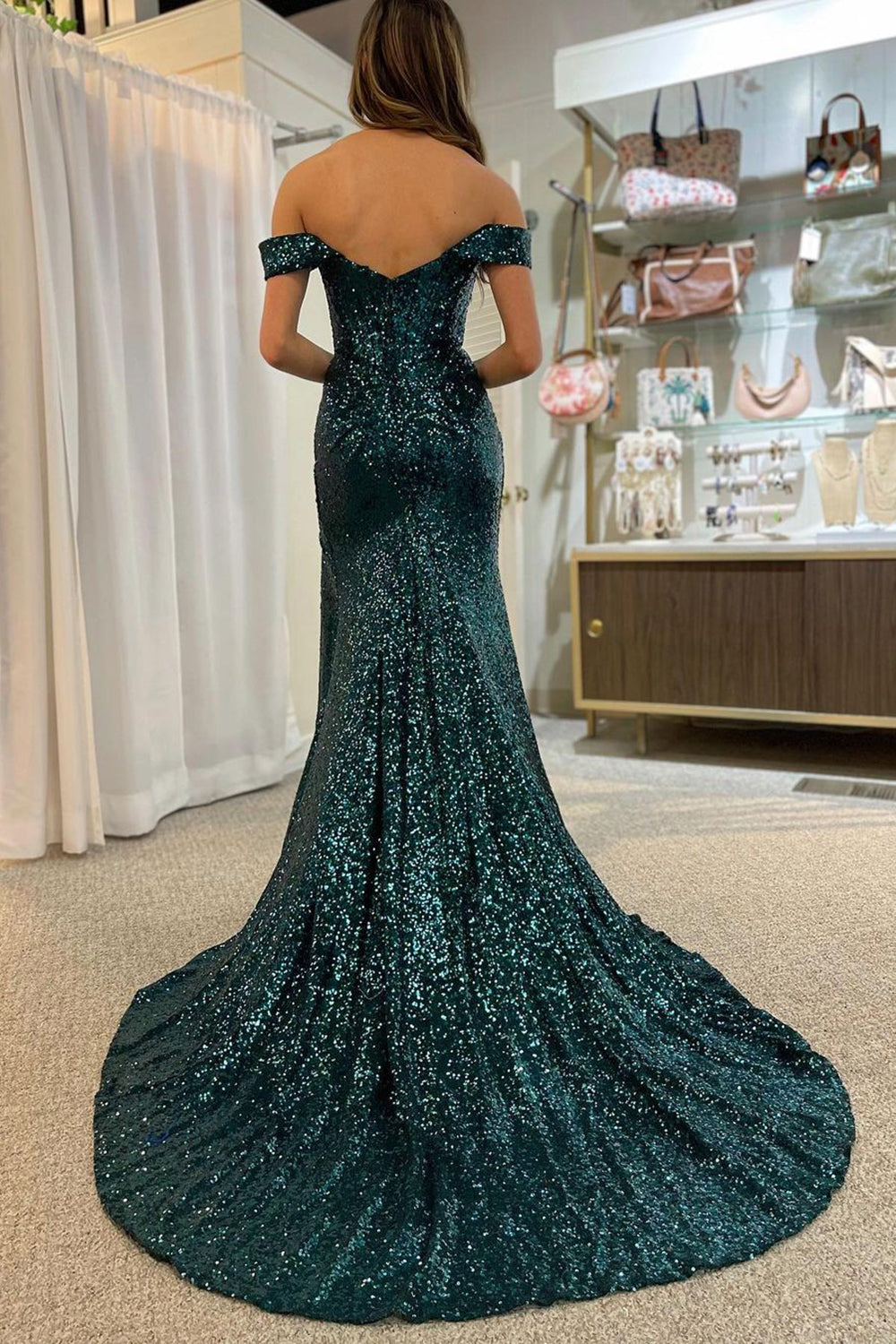 Grey Blue Off Shoulder Mermaid Prom Dress with Slit