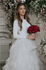 Ivory Lace Applique Wedding Dress Long Sleeves Ball Gown Bridal Dress