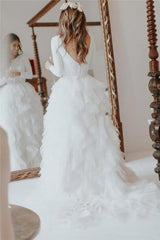 Ivory Lace Applique Wedding Dress Long Sleeves Ball Gown Bridal Dress