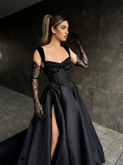 Elegant Long Black Lace Sleeveless Prom Dress Long Slit