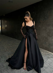 Elegant Long Black Lace Sleeveless Prom Dress Long Slit