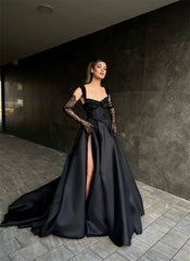 Elegant Long Black Lace Sleeveless Prom Dress Long Slit