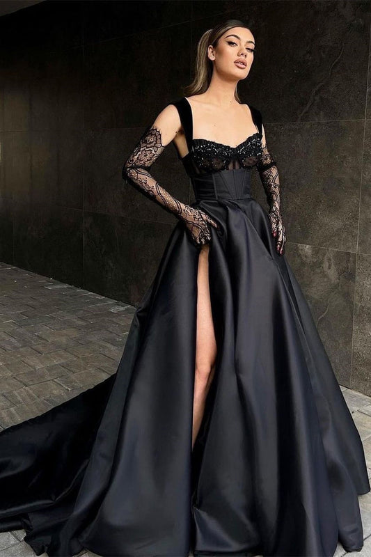 Elegant Long Black Lace Sleeveless Prom Dress Long Slit