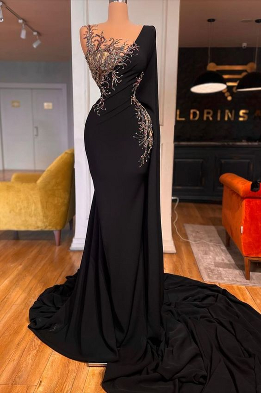 Elegant Long Black Mermaid Beading Lace Prom Dress