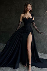 Elegant Long Black One Shoulder Sleeveless Lace Prom Dress With Sit