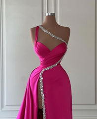 Elegant Long Fuchsia One Shoulder Jewels Sleeveless Prom Dress Long Slit