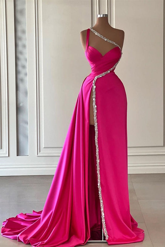 Elegant Long Fuchsia One Shoulder Jewels Sleeveless Prom Dress Long Slit