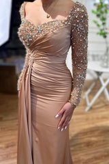 Elegant Long Mermaid Beading Prom Dress With Long Sleeves