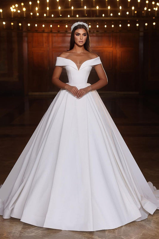 Classic White Wedding Dress Ball Gown Off The Shoulder Satin Bridal Gown