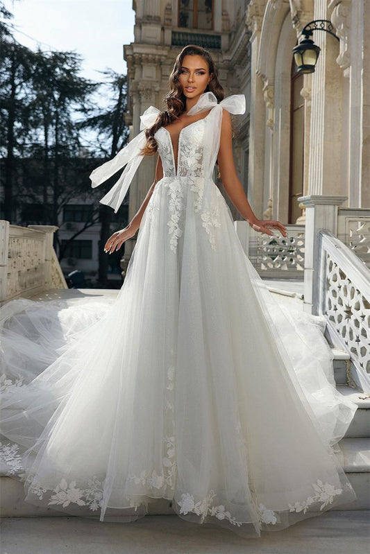 Ivory Wedding Dress A Line Appliques Bridal Dress With Lace Appliques