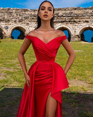 Elegant Off The Shoulder Red Prom Dress Long With Slit