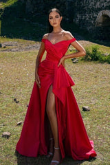 Elegant Off The Shoulder Red Prom Dress Long With Slit