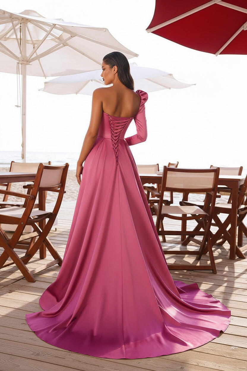 one shoulder prom dresses uk Dreamyannie Women Prom Dress Elegant One Shoulder Long Sleeve Evening Dress With Slit Dreamyannie UK