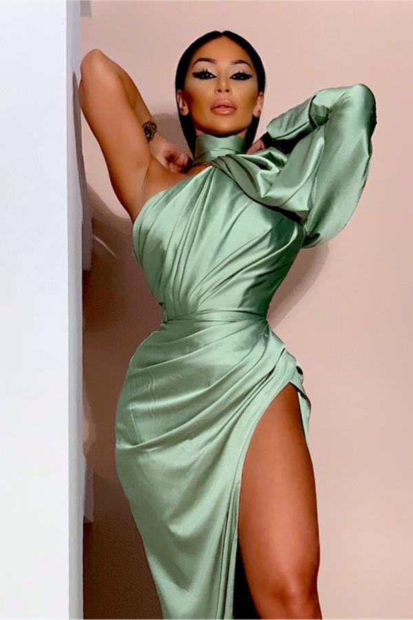 Elegant Puffy Long Sleeves Prom Dress High Neck Party Dress With Split