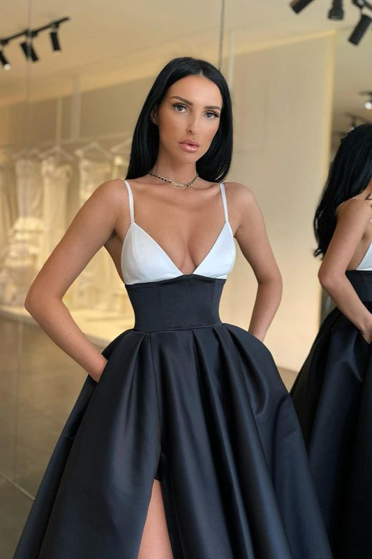 Elegant Spaghetti Straps Black And White Prom Dress Long With Slit